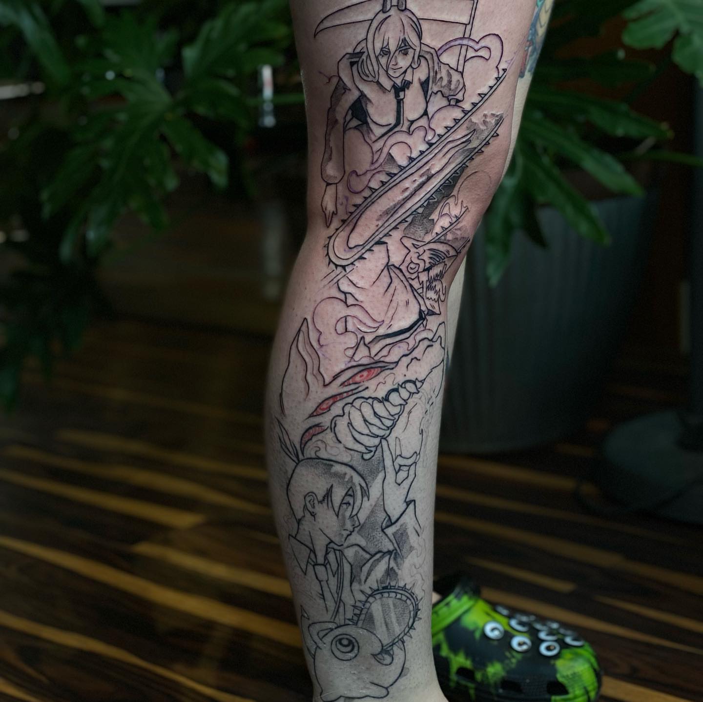 Chainsaw man characters anime tattoo on the forearm by Rat Girl, Dayton, Ohio