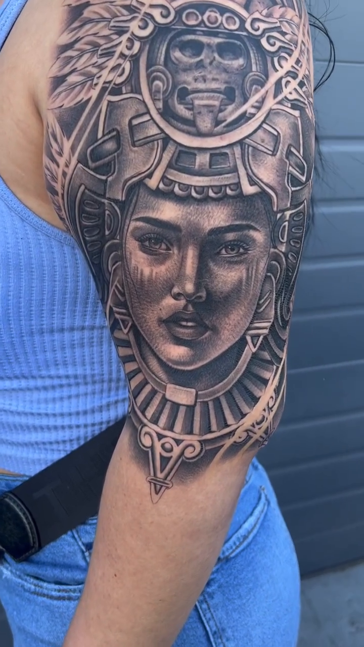 Aztec warrior woman realism tattoo by Kyle Lopez, Union City, California