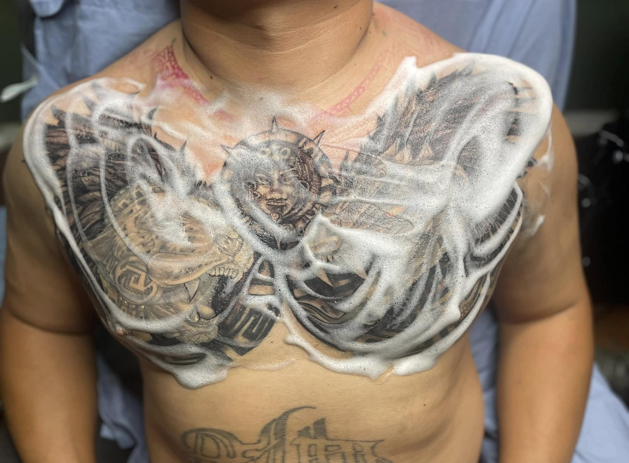 Warrior realism tattoo on the chest by Ricky Flemate, San Antonio