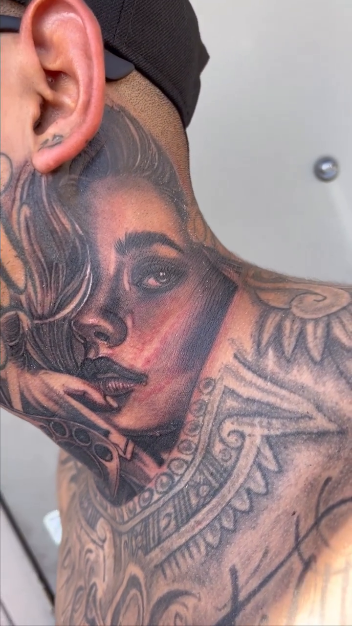 Woman's portrait with paw prints realism tattoo by ⚜️Felipe Parada⚜️