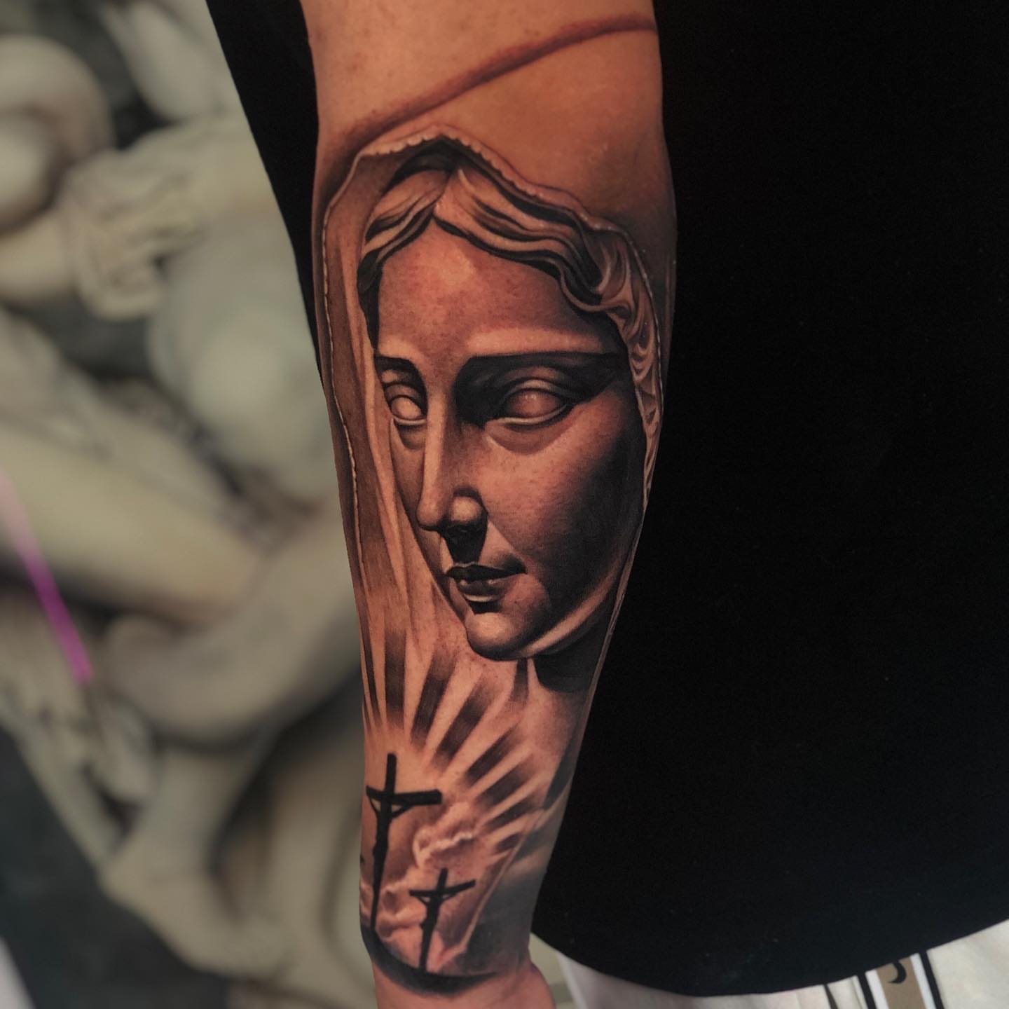 Religious figure realism tattoo on the forearm by Jayjay🦅
