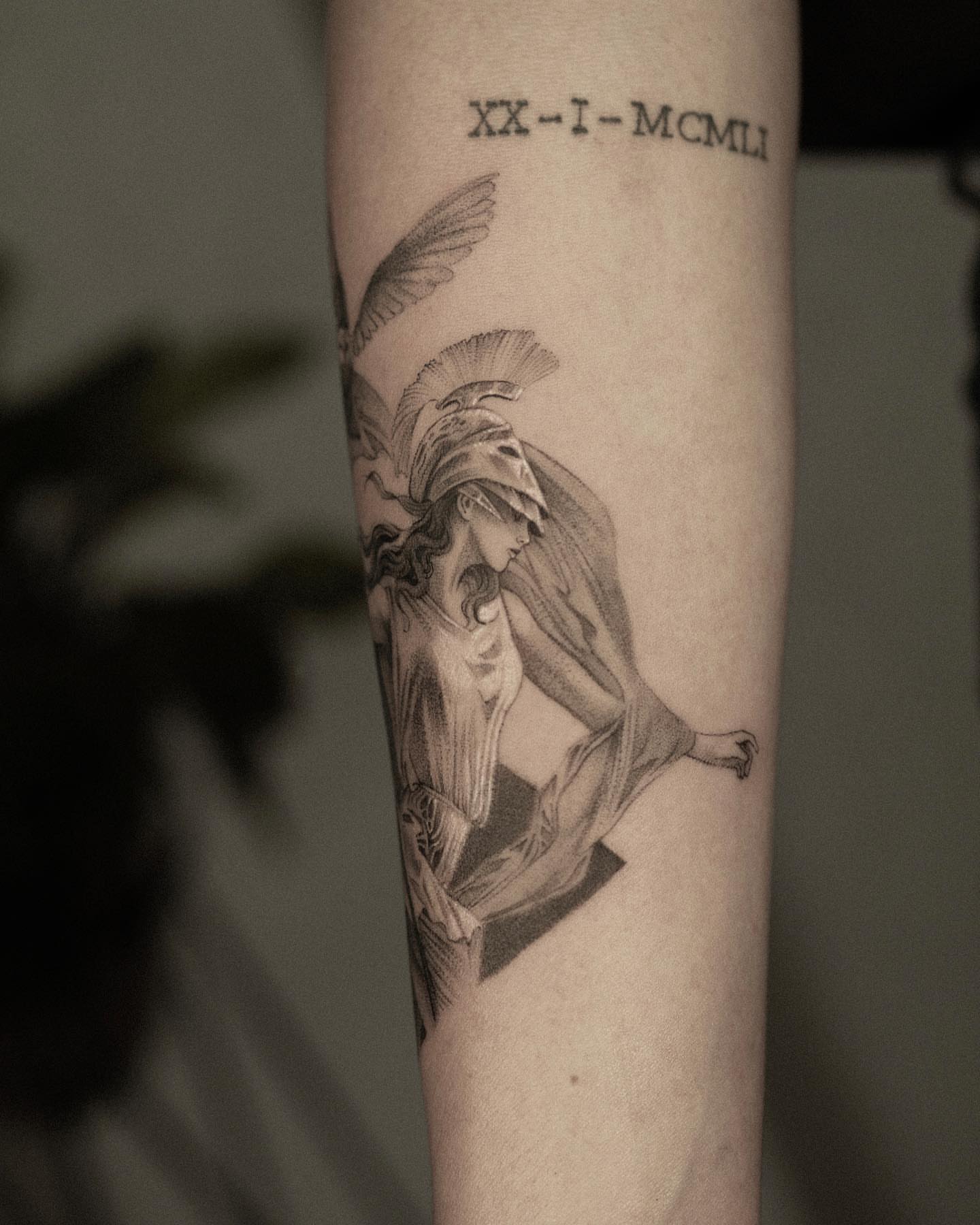 Ancient warrior black and grey tattoo on the forearm by Lejo bravo