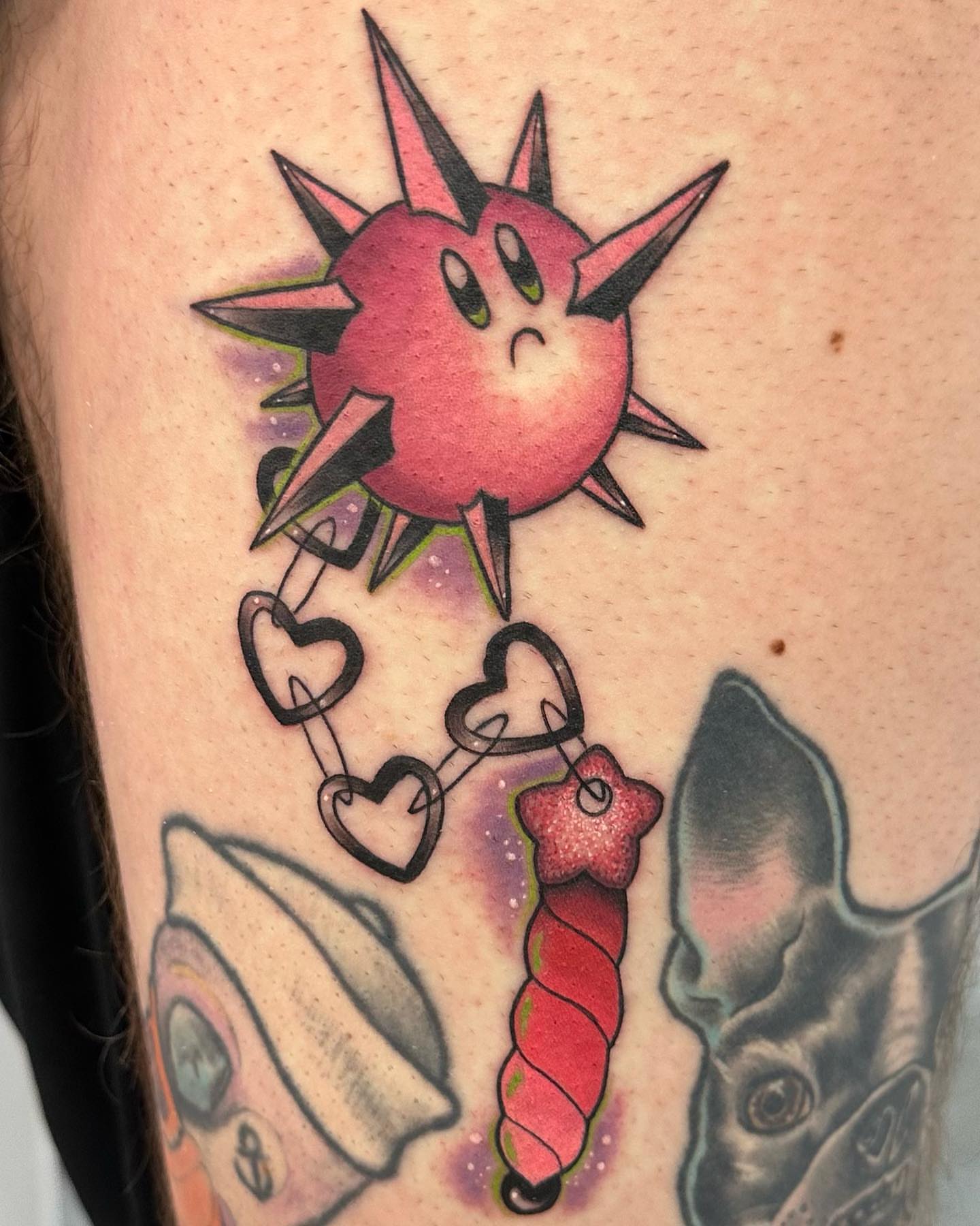 Spiky sun with hearts and candy American traditional tattoo on the forearm by ✨Jen Lochbihler✨, Dickson, Tennessee