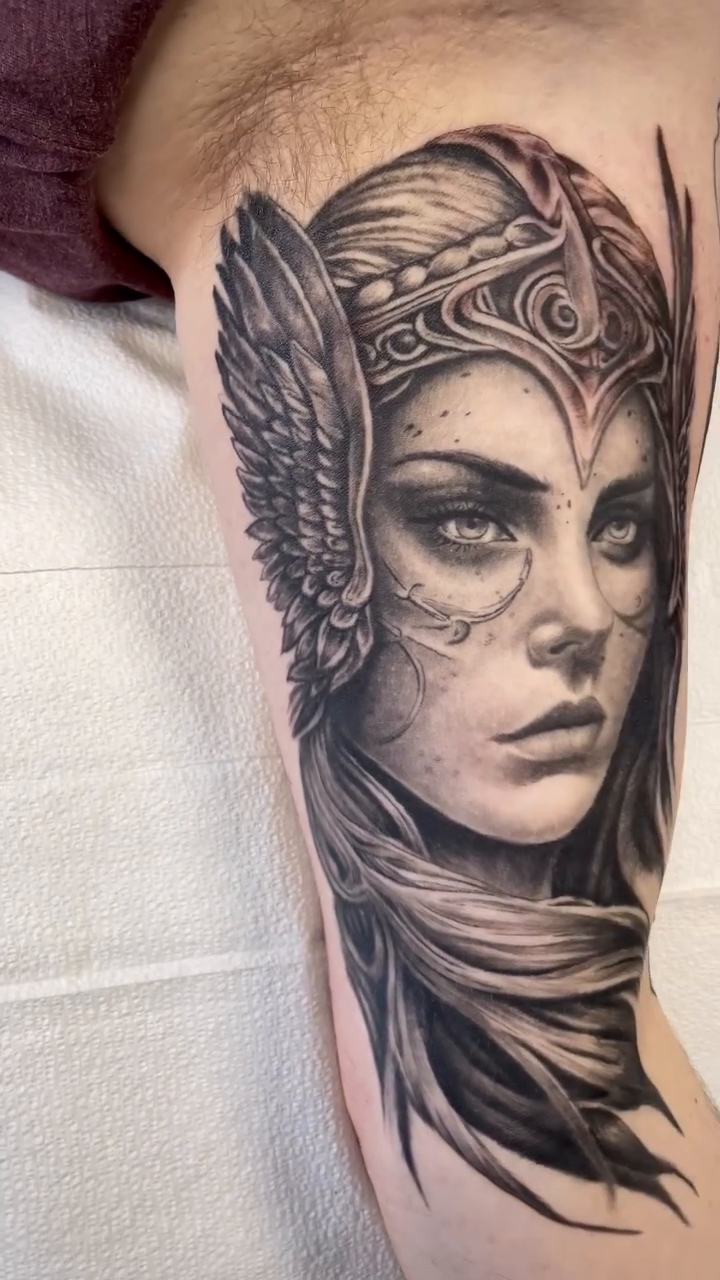 Valkyrie portrait realism tattoo by Charlie