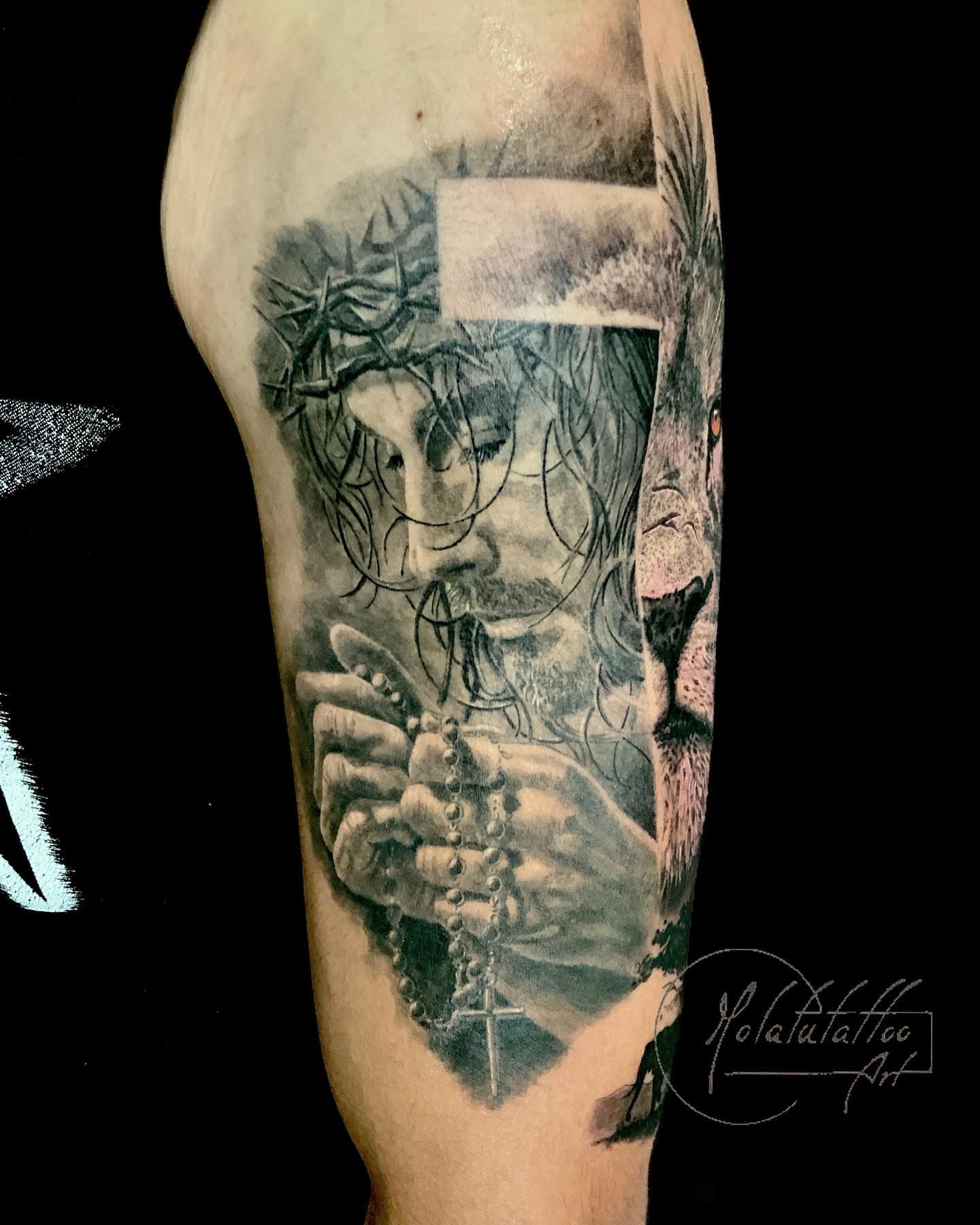 Religious figure realism tattoo on the forearm by Molatutattoo