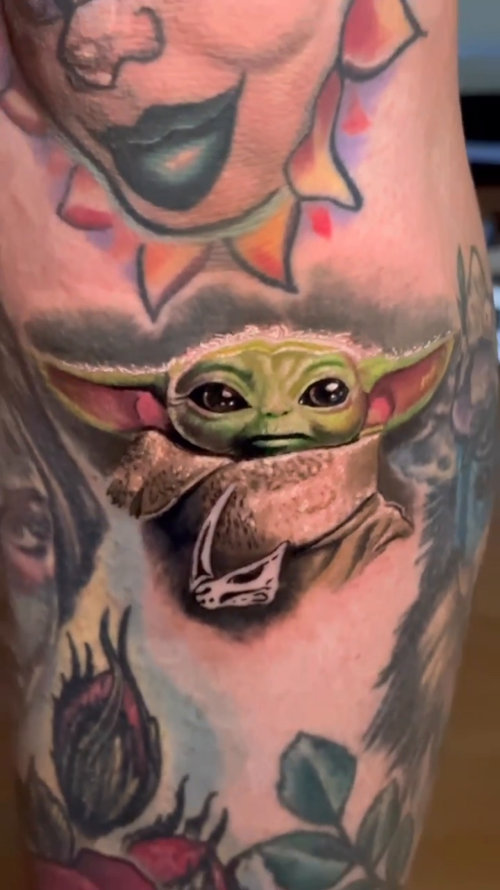 Grogu (Baby Yoda) realism tattoo by Abel Deida