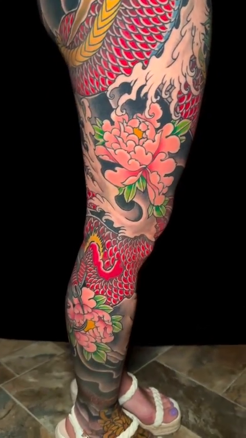 Dragon and peonies leg sleeve Japanese tattoo on the leg by Matt Trimble, Charlotte, North Carolina