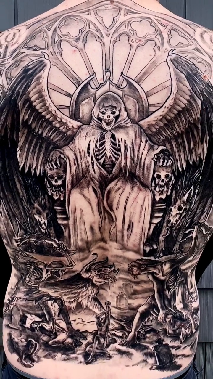 Grim Reaper and demons dark realism tattoo by Iconic Ink, Millbury, Massachusetts