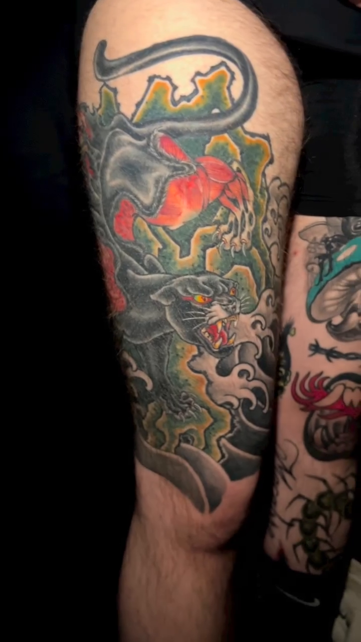 Panther and flowers japanese irezumi tattoo by Brad Hill, Franklin, Tennessee