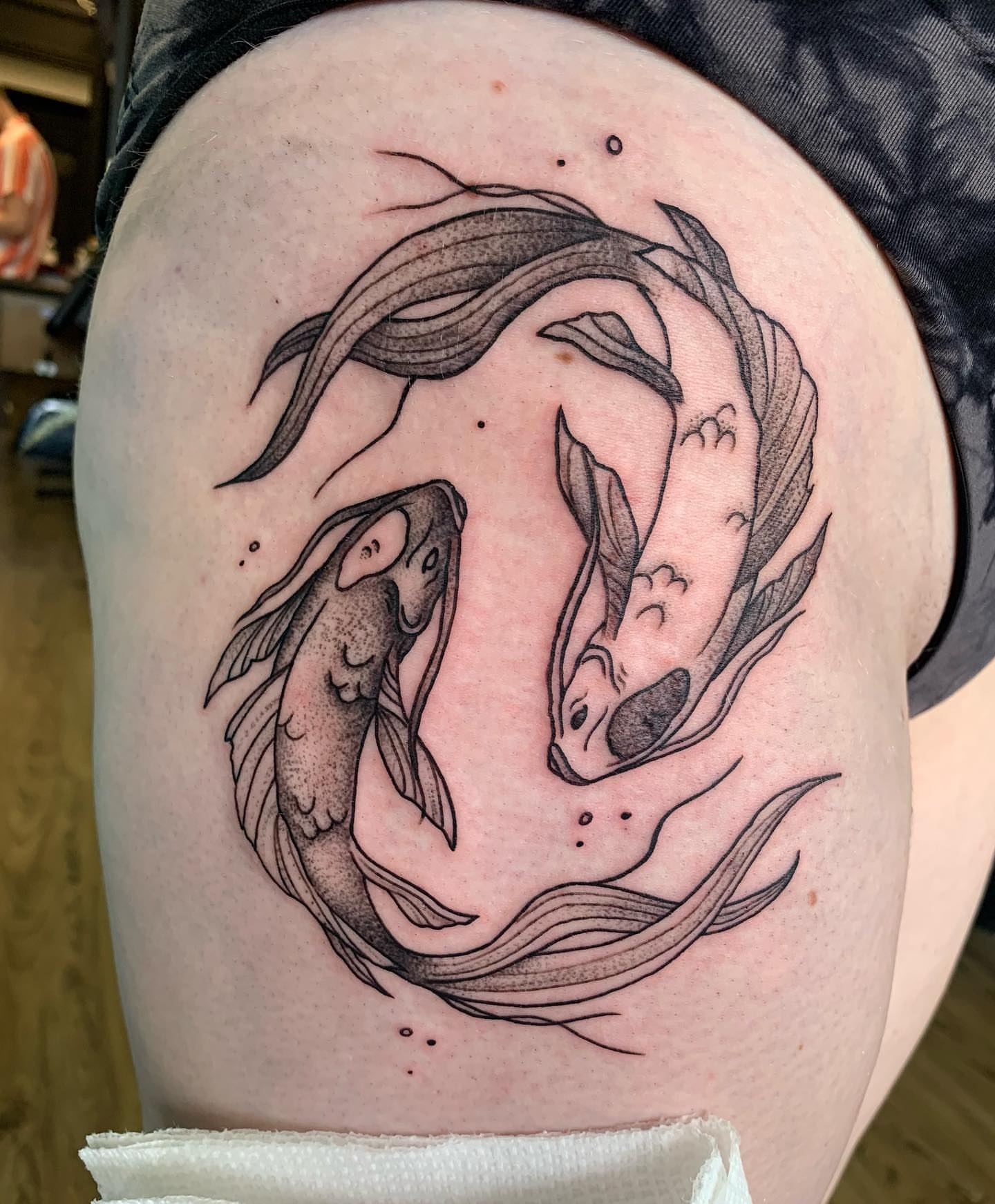 Koi fish dotwork tattoo on the thigh by ⭒ ʜᴀɪʟᴇʏ ᴍᴇᴛᴢ ⭒