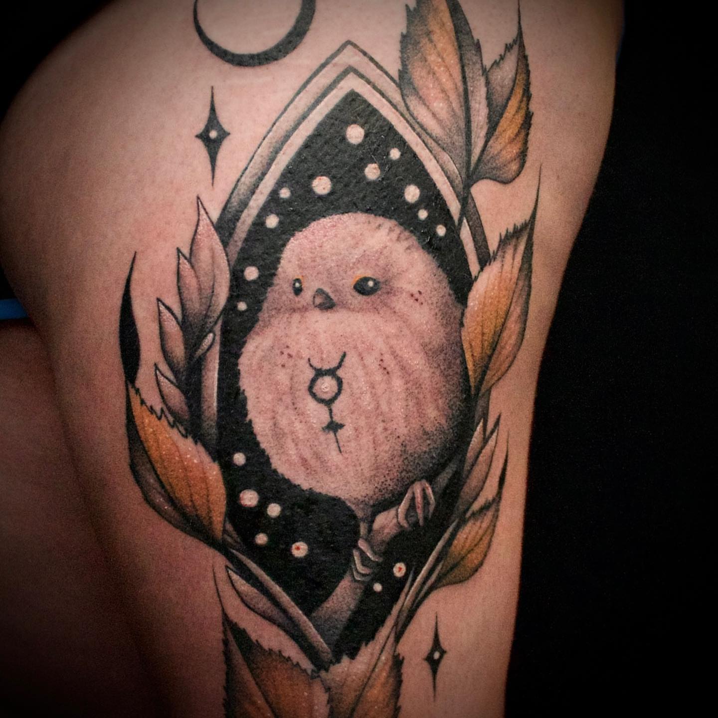 Owl dotwork tattoo on the shoulder by Galen