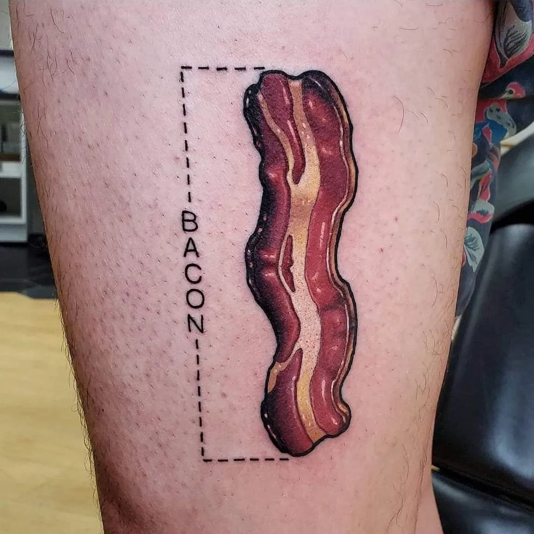 Bacon realism tattoo on the leg by Joanna Nguyen ♈