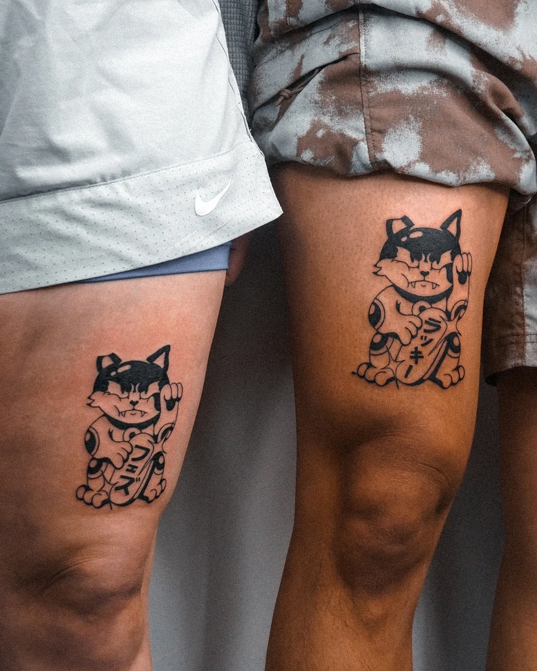 Cat black and grey tattoo on the thigh by Jeremy "Jerms" Camposanto