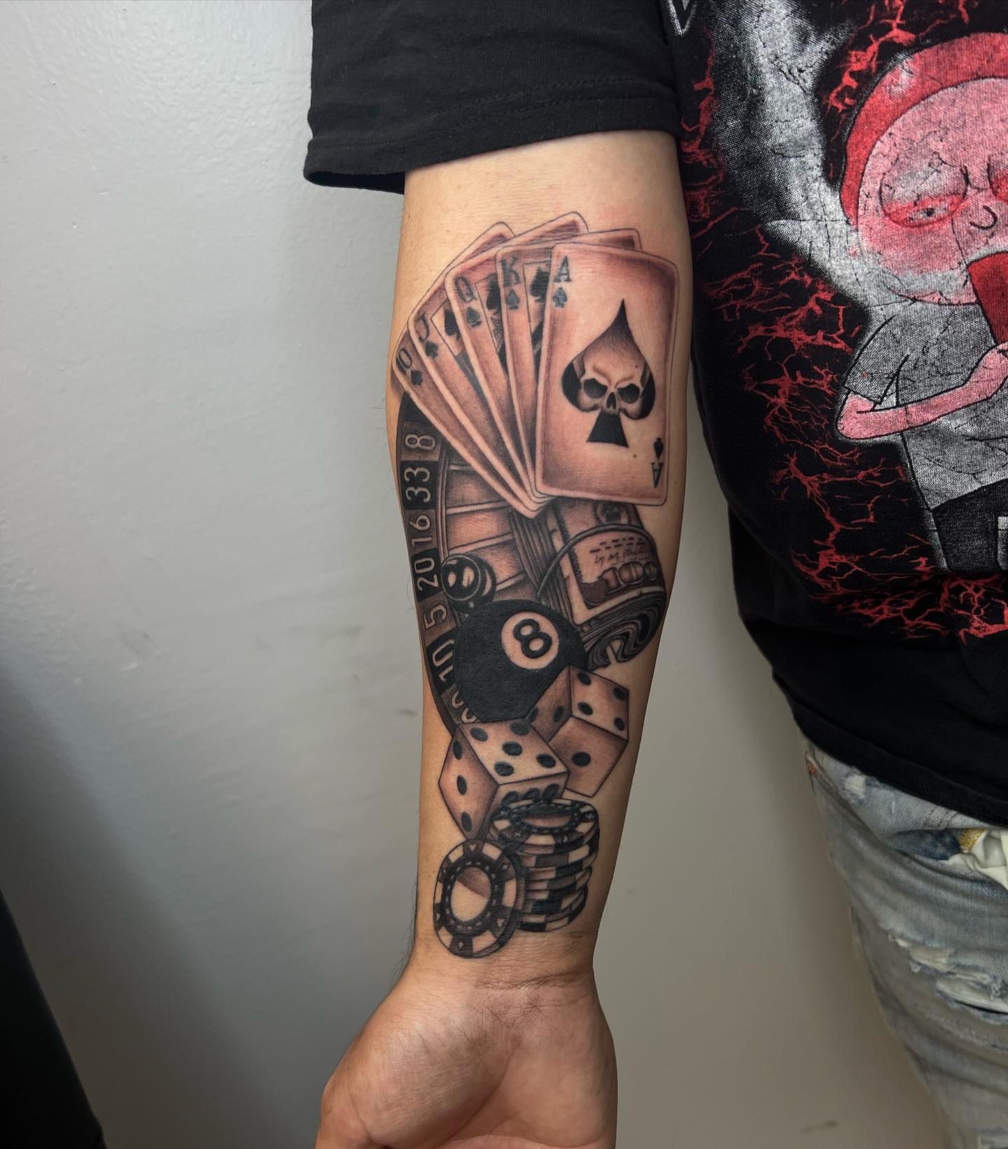 Playing cards and dice realism tattoo on the forearm by Desirae✨