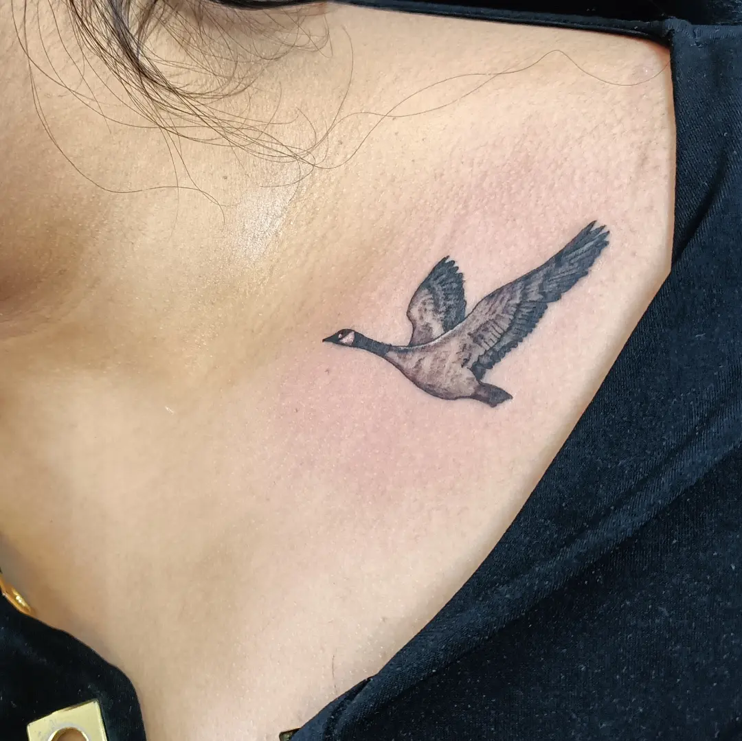 Flying goose realism tattoo on the chest by Daniel Illachek
