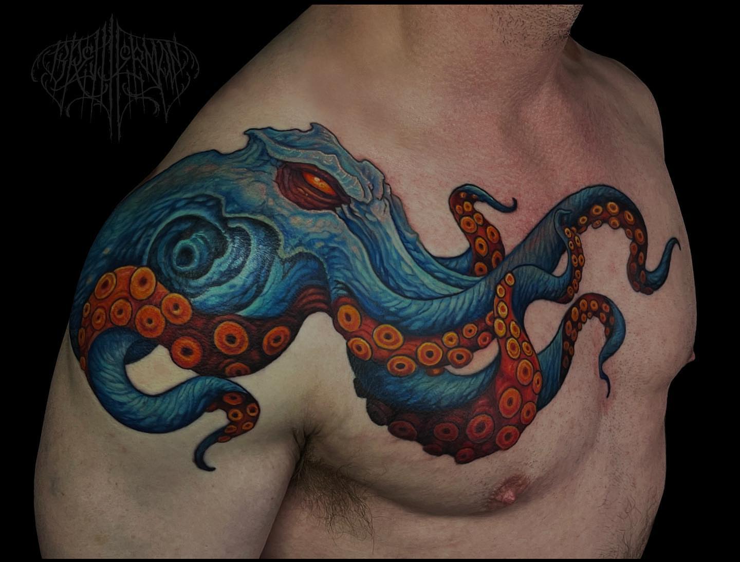 Octopus realism tattoo on the chest by Brett Herman, Denver, Colorado