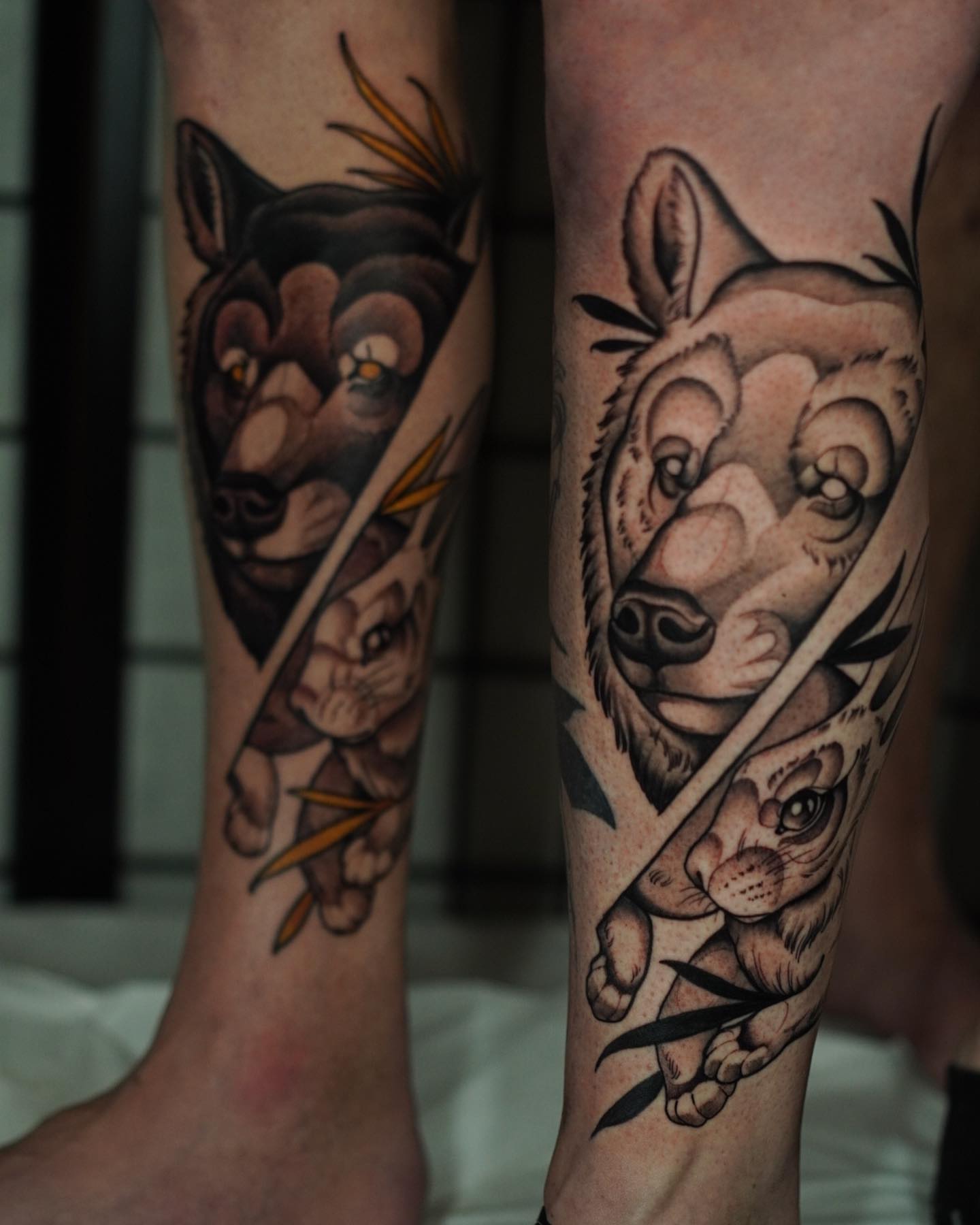 Wolf and bear American traditional tattoo on the forearm by Neo-Traditional tattoos in Las Vegas