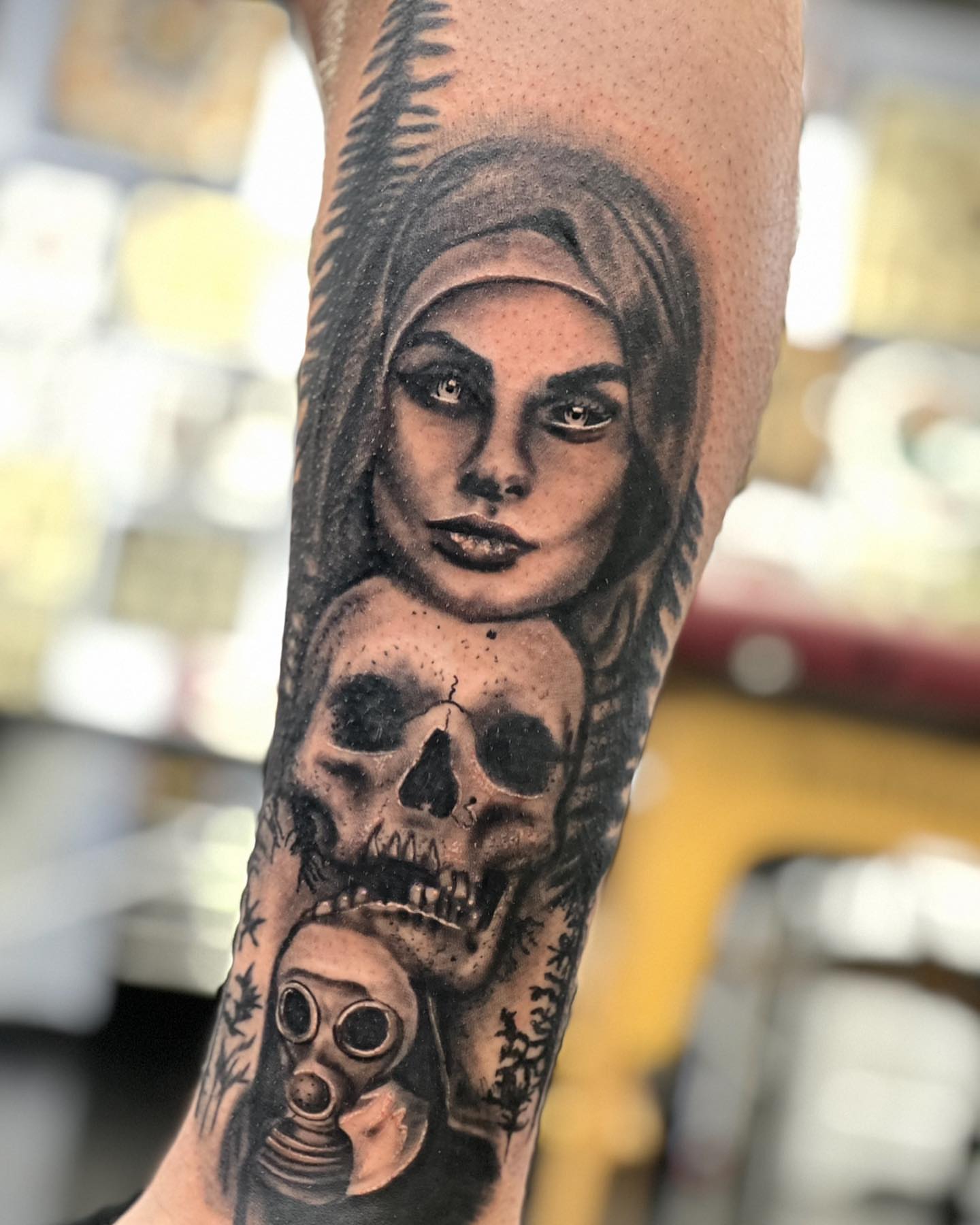 Woman with skull and gas mask realism tattoo on the forearm by 🔥Austin Burke 🔥TATTOO ARTIST