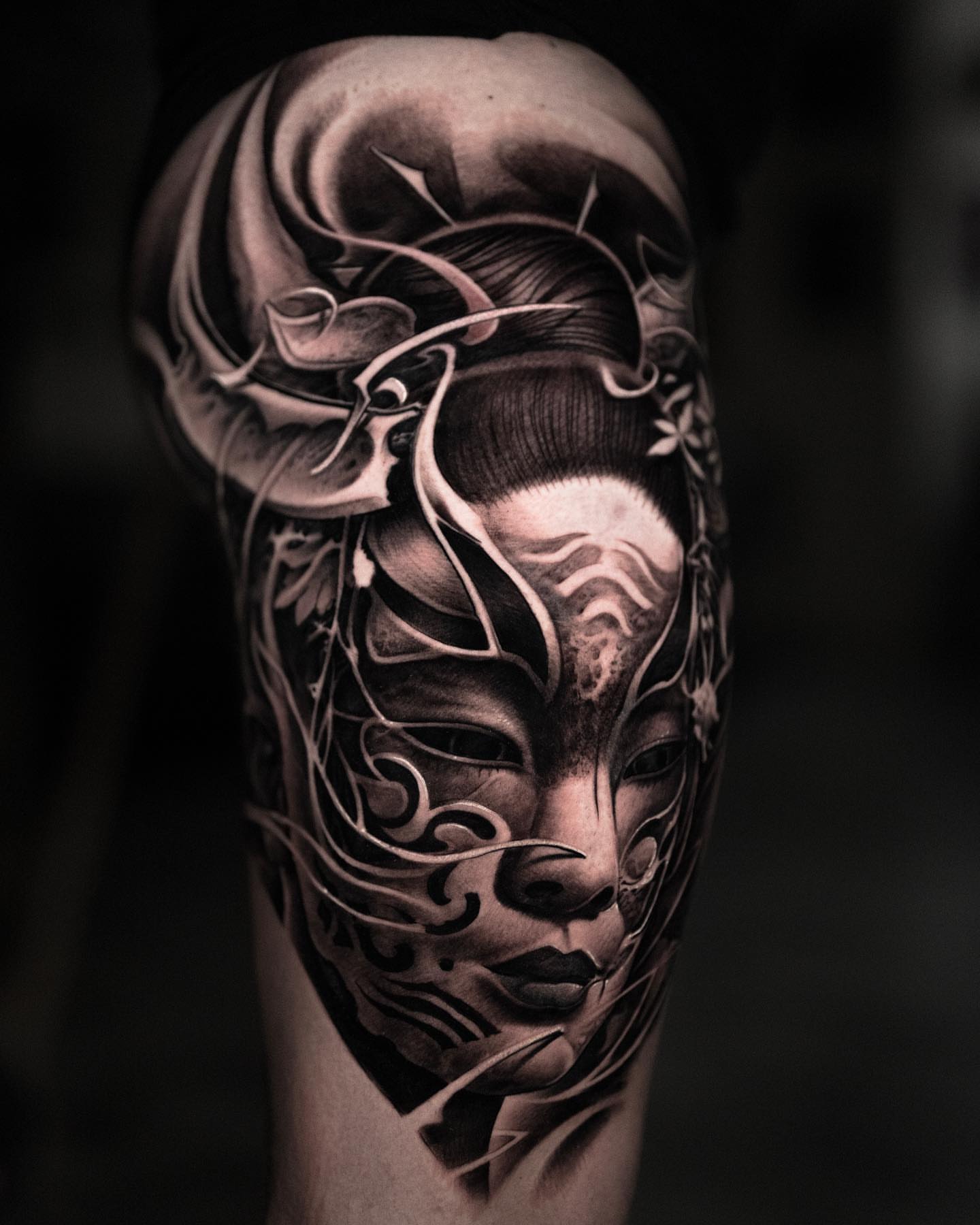 Geisha mask realism tattoo on the forearm by Victor Portugal Tattoo