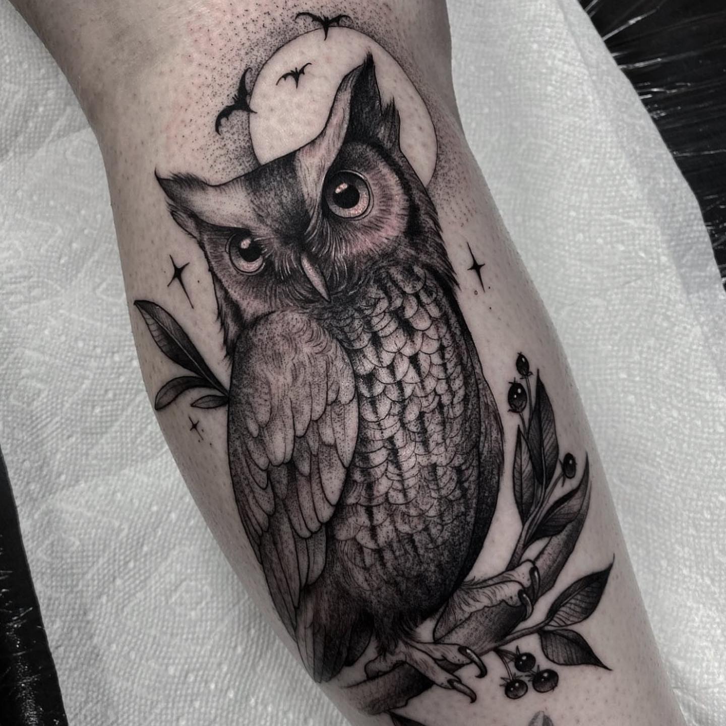 Owl dotwork tattoo on the forearm by Marissa Tattoos