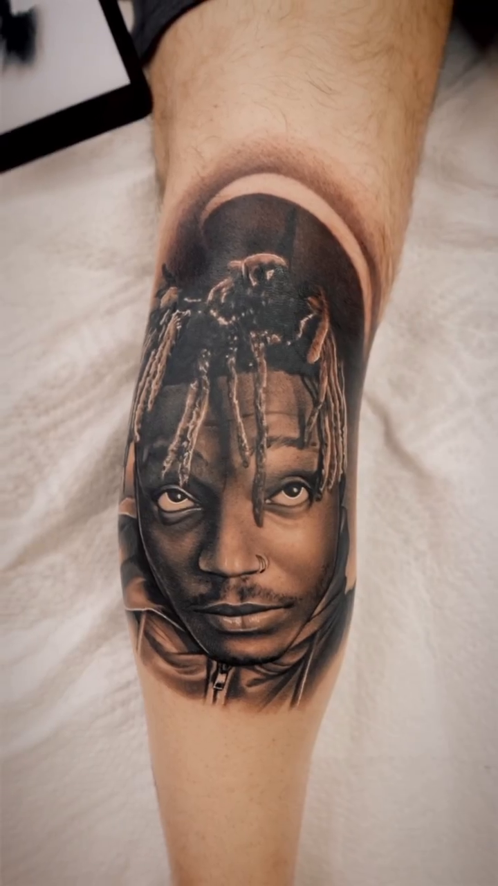 Portrait of Juice WRLD realism tattoo by Joshua ramirez, Montebello, California