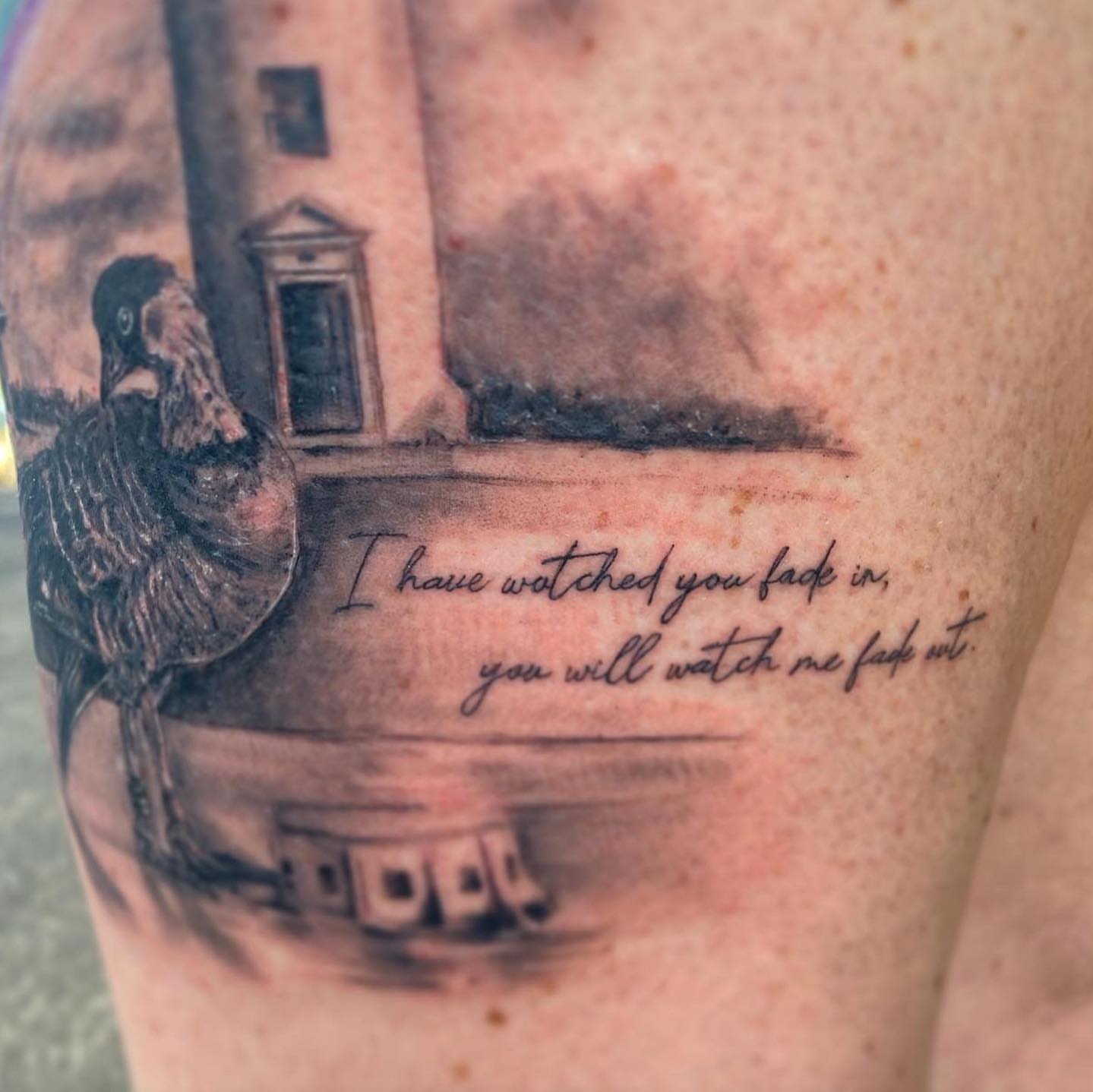 Bird and building realism tattoo on the forearm by Sela ✨Las Vegas Tattoo Artist