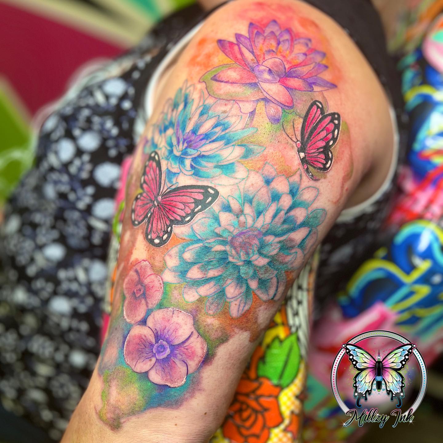 Flowers and butterflies watercolor tattoo on the shoulder by Your Virginia Tattoo Bestie🫶🏽