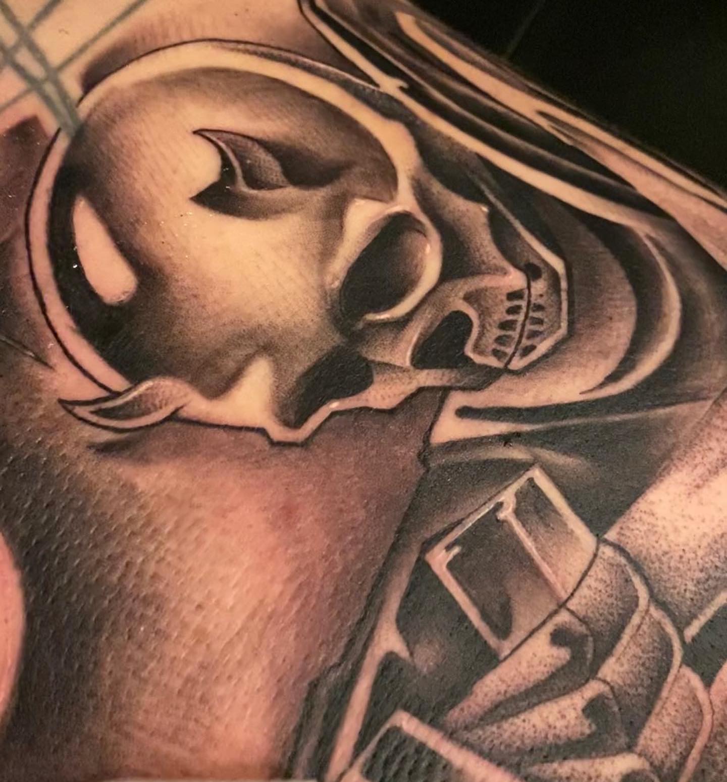 Skull black and grey tattoo on the shoulder by LifesGrape