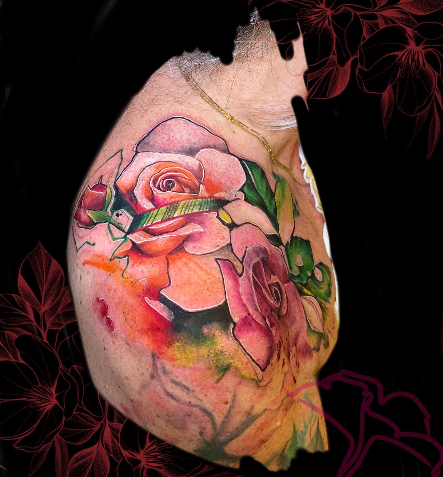 Roses watercolor tattoo on the shoulder by Aline Petunia, Los Angeles, California