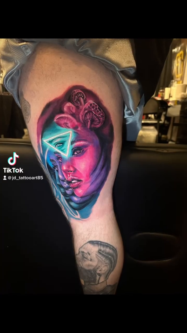 Surreal portrait with geometric elements realism tattoo by Joseph Delaparra