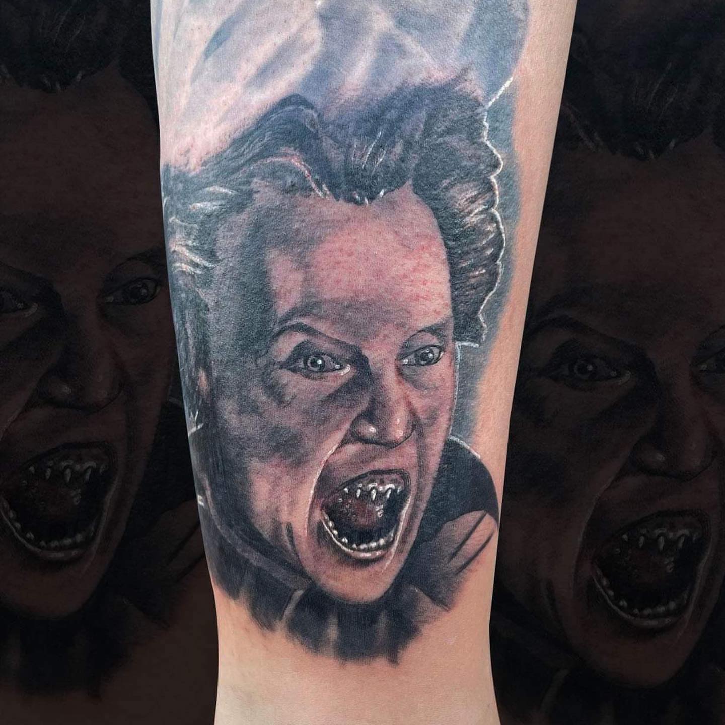 Horror character realism tattoo on the forearm by Nick Harrison, Dayton, Ohio