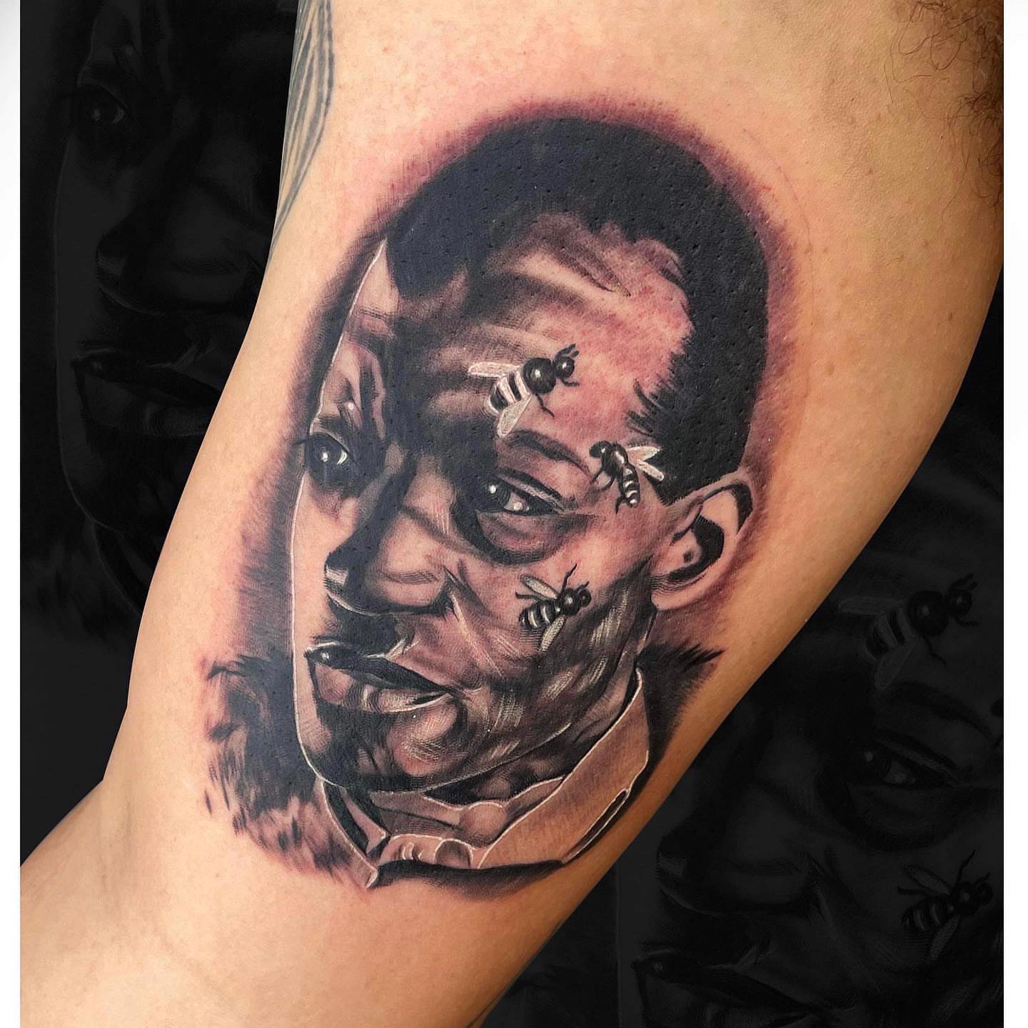 Man's face realism tattoo on the forearm by Nick Harrison, Dayton, Ohio