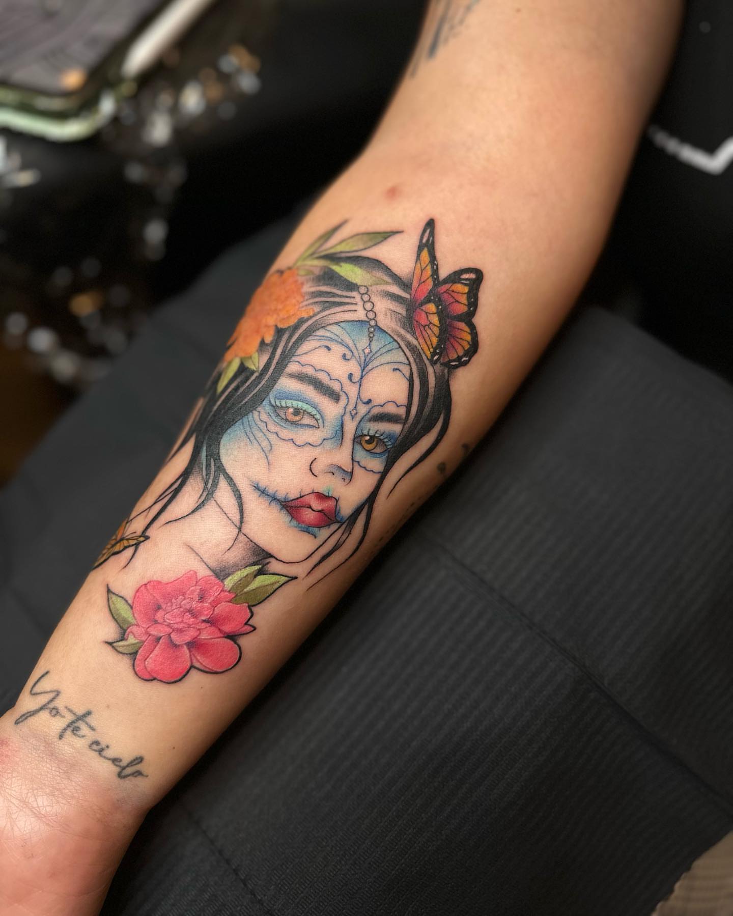 Sugar skull woman realism tattoo on the forearm by alex h🪴 neotrad