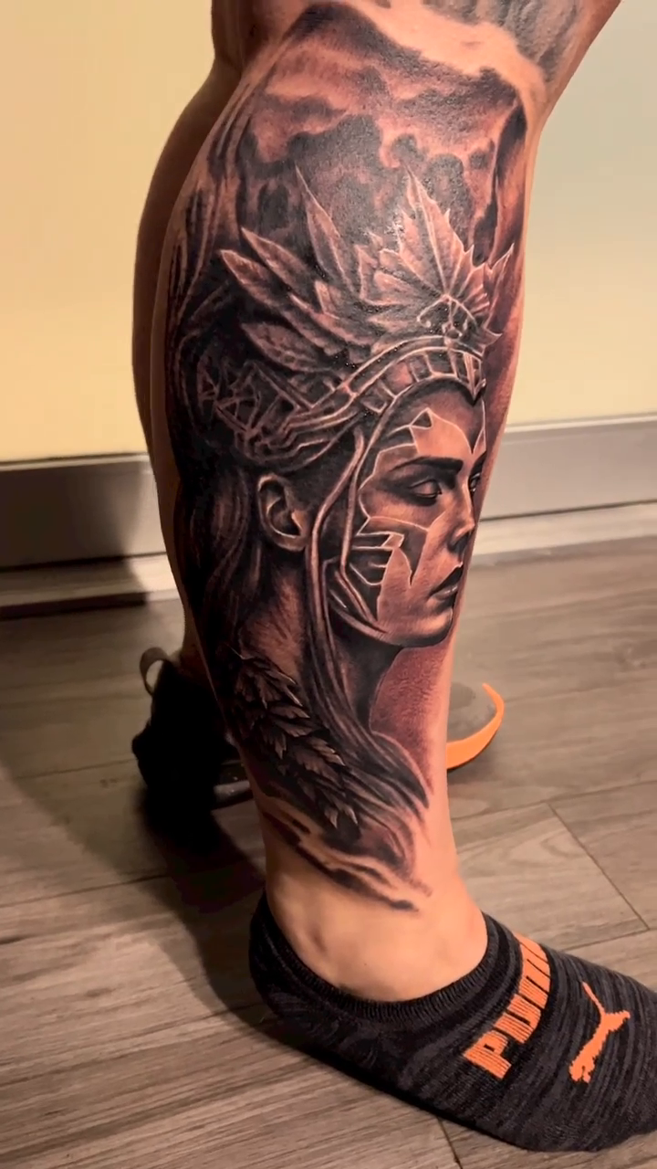 Native American woman realism tattoo by Krys King Tattoos