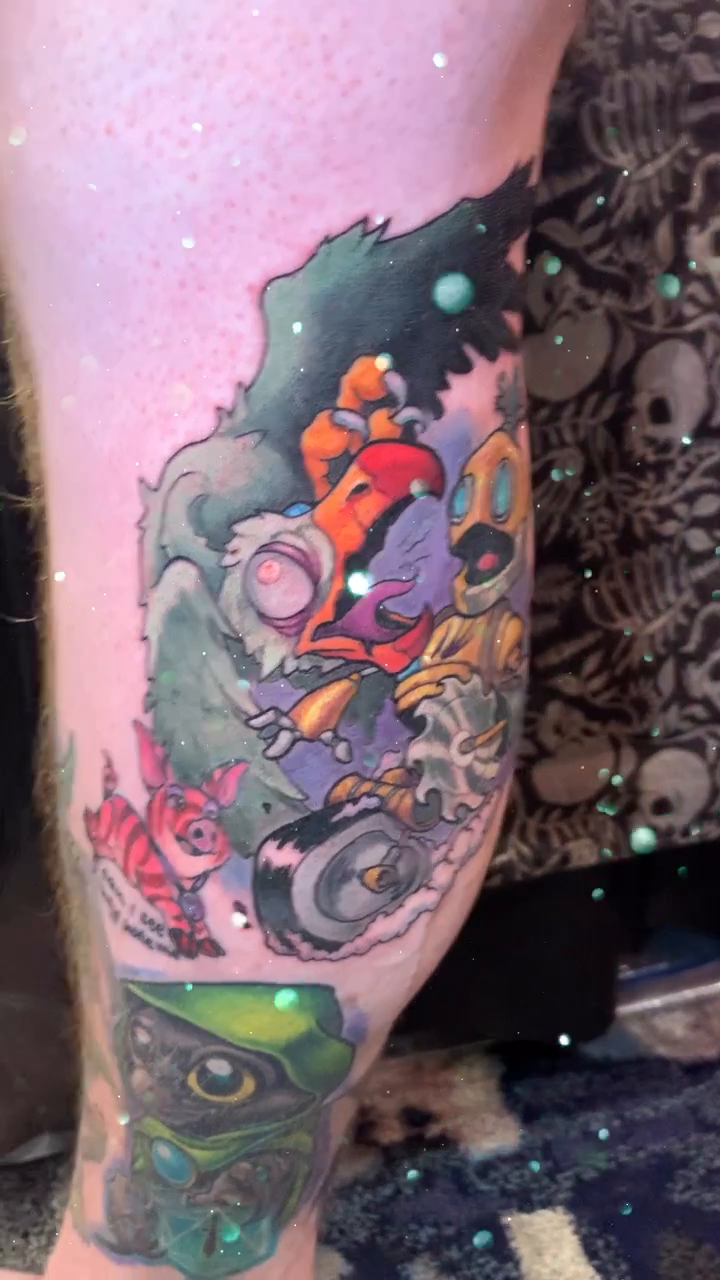 Cartoon characters on a motorcycle new school tattoo by shane baker
