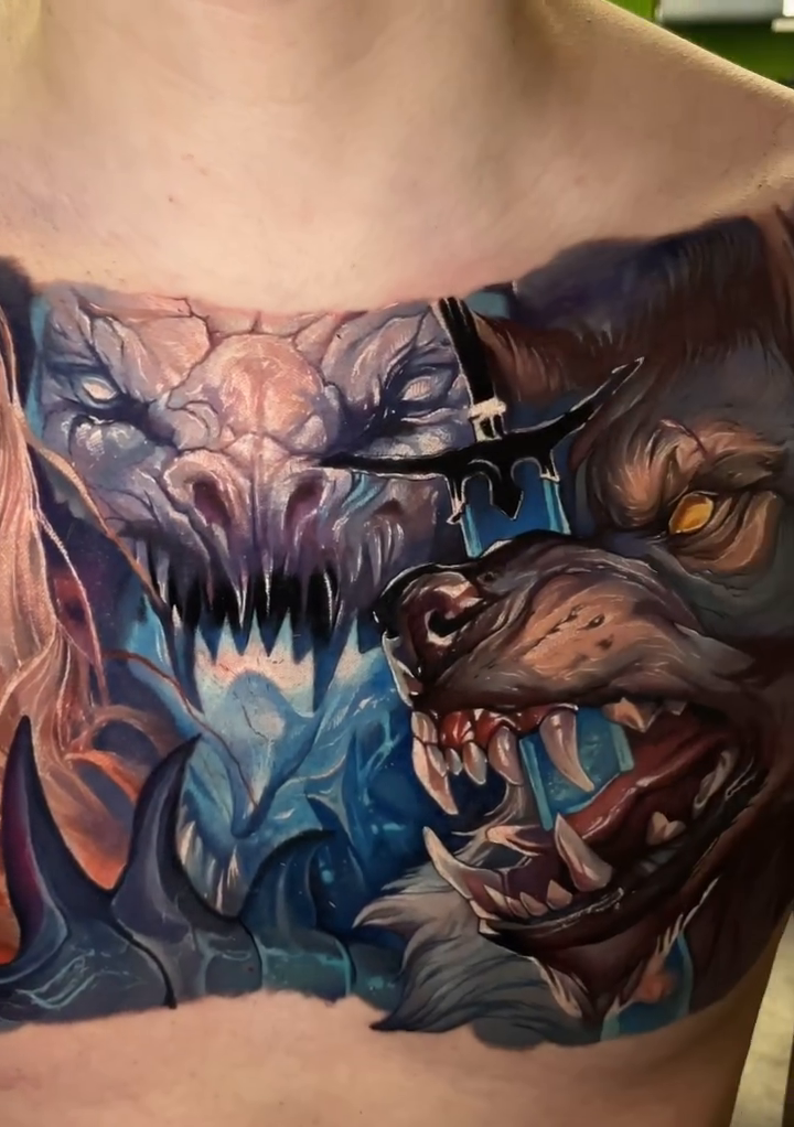 Woman and wolf creature realism tattoo by Dmitriy Paramonov πΊπ¦