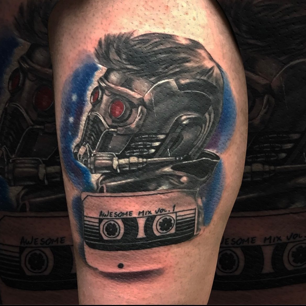 Robotic head with cassette tape realism tattoo on the forearm by Nick Harrison, Dayton, Ohio