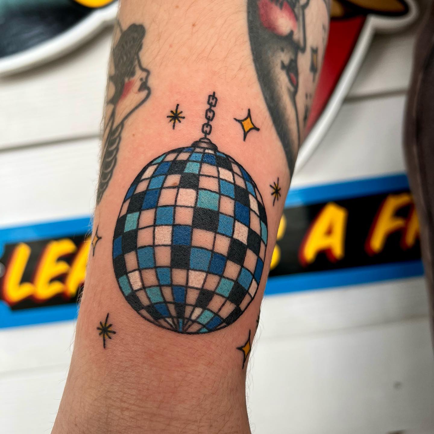 Disco ball geometric tattoo on the forearm by 🍓miranda joon bradbury🍓
