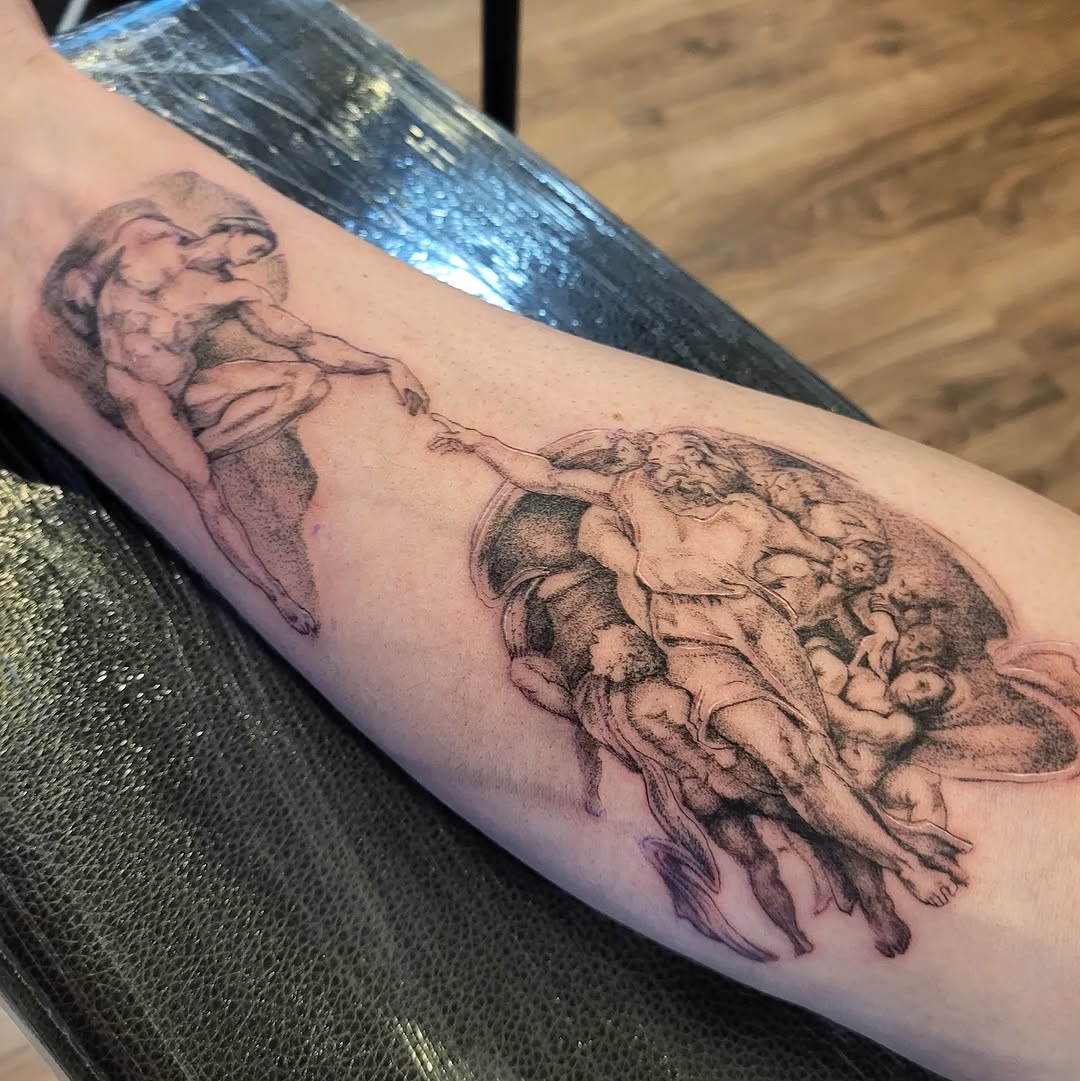 The Creation of Adam sketch tattoo on the forearm by Sooz, Tours, Centre-Val de Loire