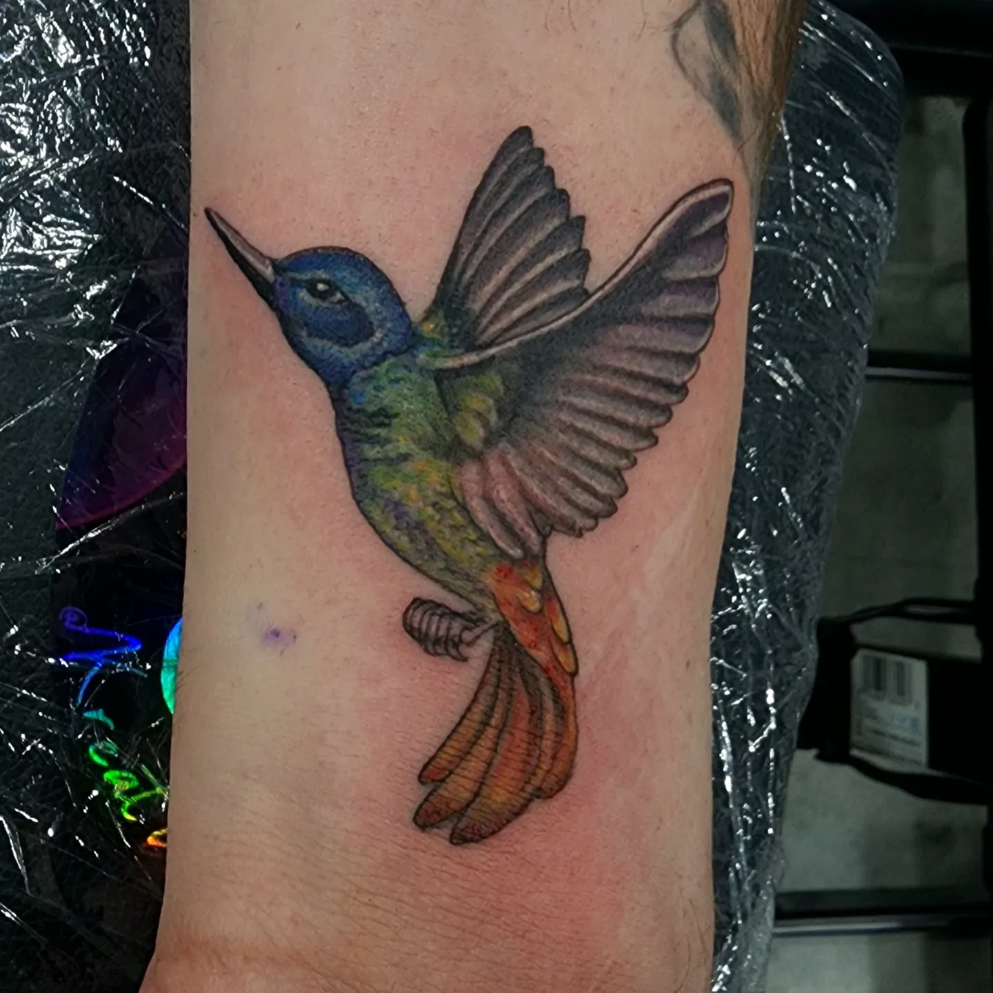 Hummingbird realism tattoo on the forearm by Tyler Cromwell