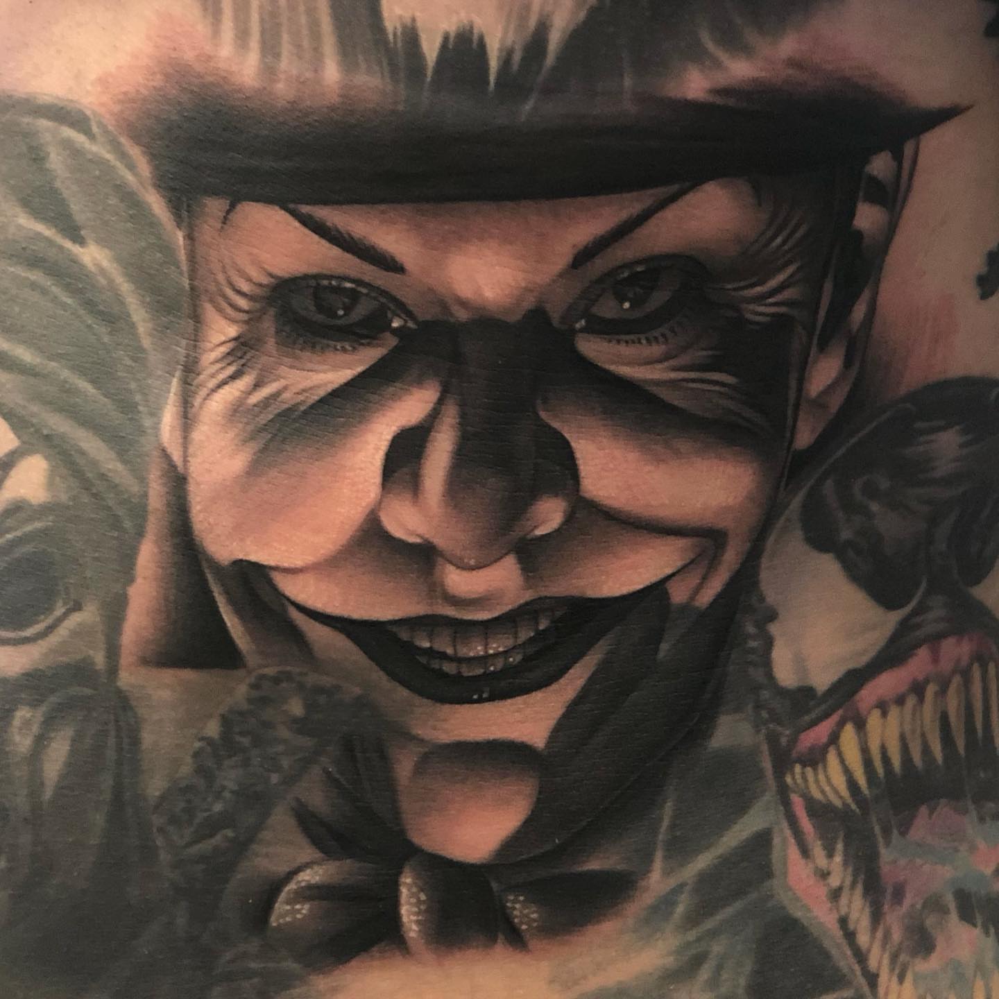 Clown dark realism tattoo on the forearm by Jayjay🦅