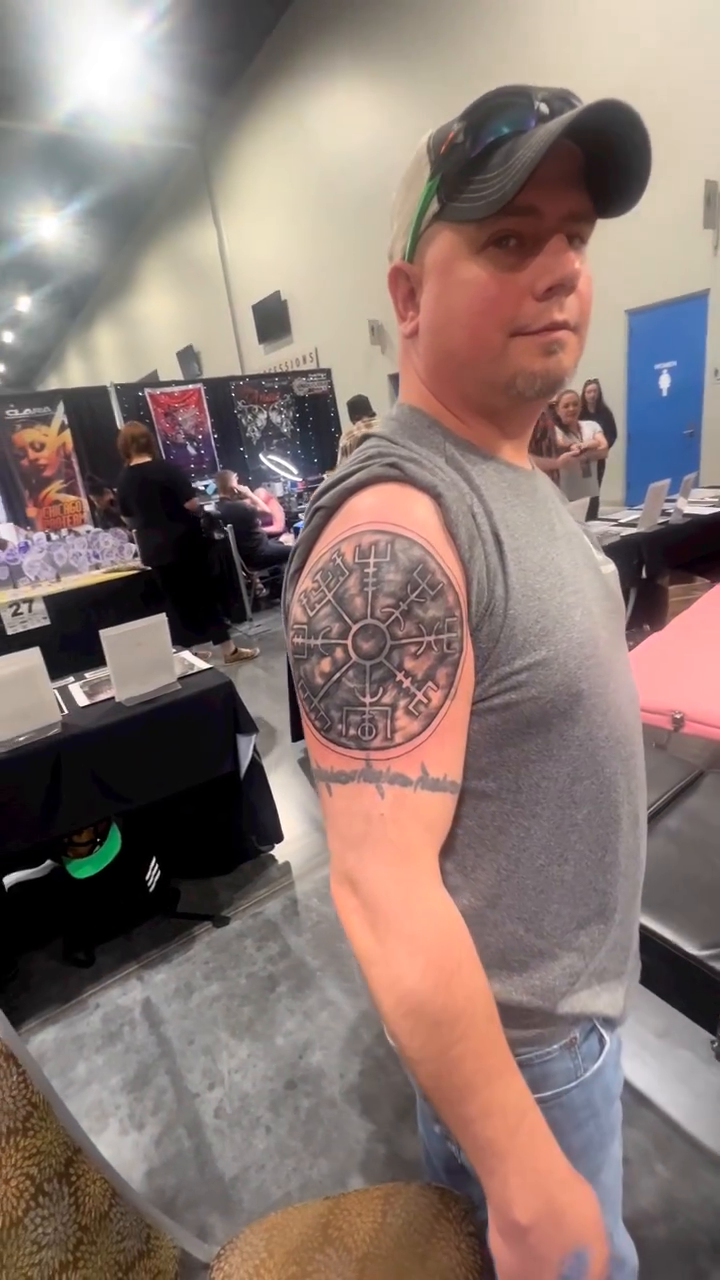 Compass rose with wave pattern geometric tattoo by Myles Manuel Lopez, Phoenix, Arizona