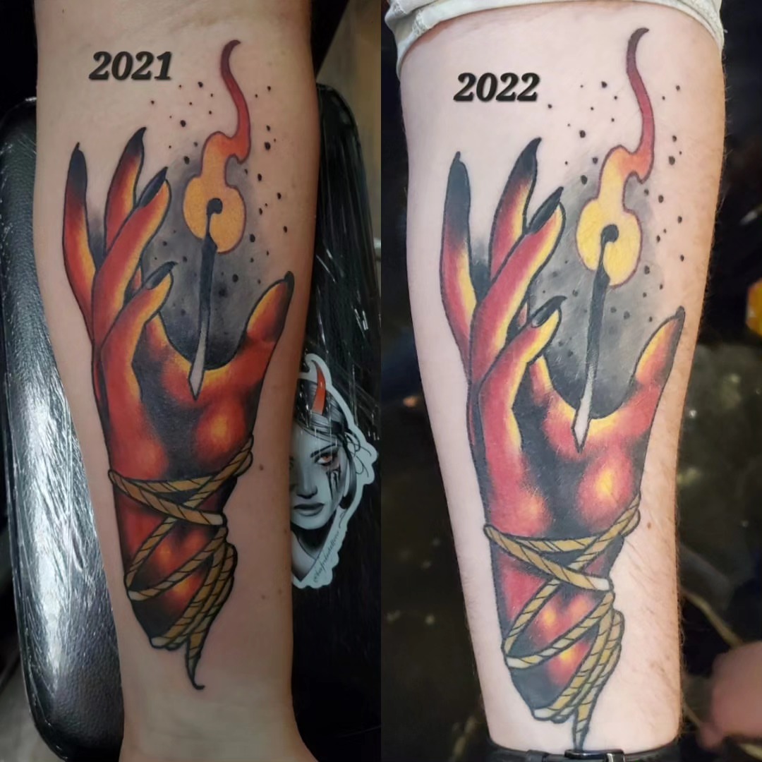 Flame and rope dotwork tattoo on the forearm by Ben Friday, Phoenix, Arizona
