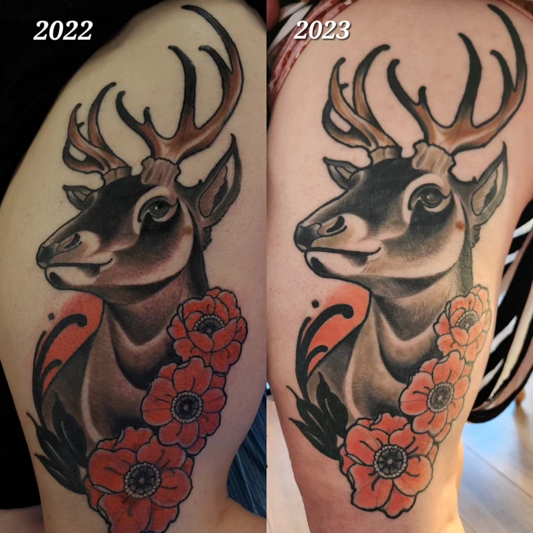 Deer and poppies realism tattoo on the shoulder by Ben Friday, Phoenix, Arizona