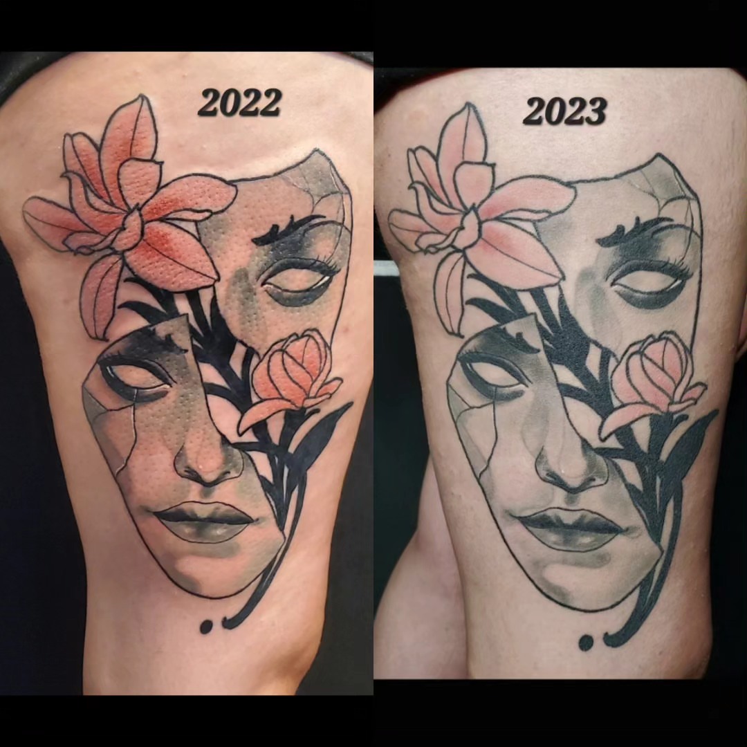 Geometric woman with flowers geometric tattoo on the forearm by Ben Friday, Phoenix, Arizona