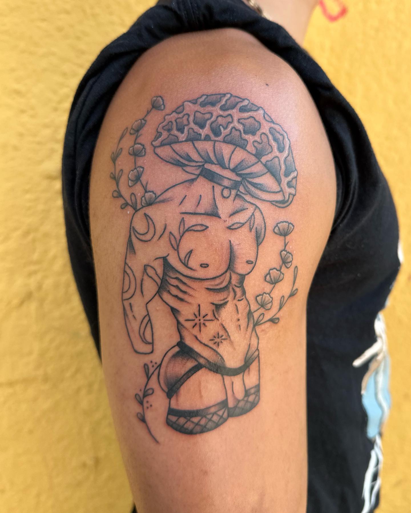 Mushroom black and grey tattoo on the shoulder by Savy Rasor, Austin, Texas