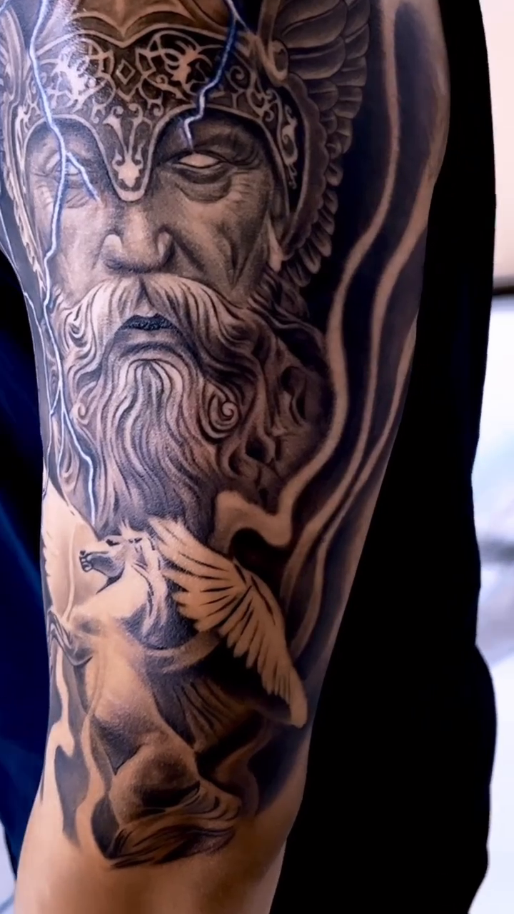 Odin with Valkyrie realism tattoo by Artfabn