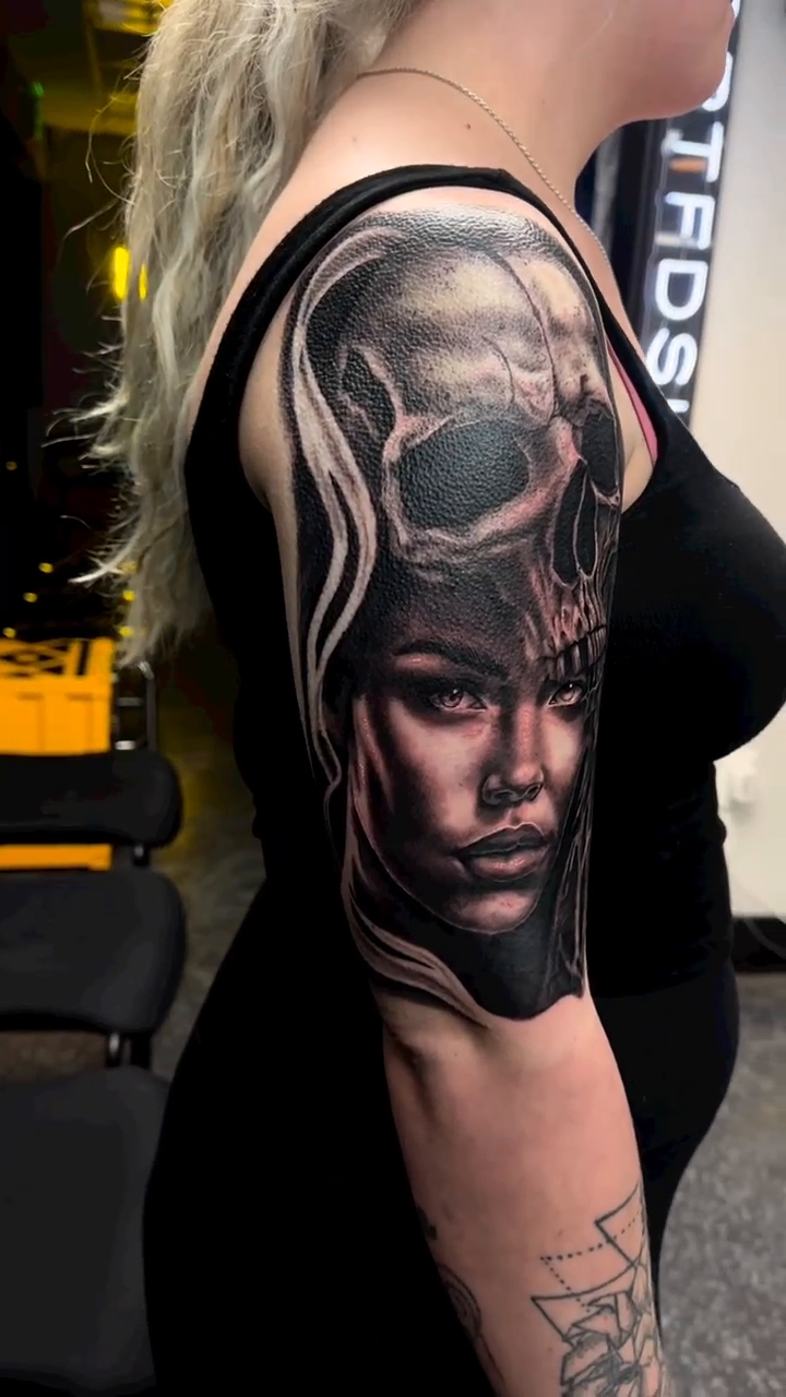 Skull and woman portrait realism tattoo by Kelsea Lake Schack