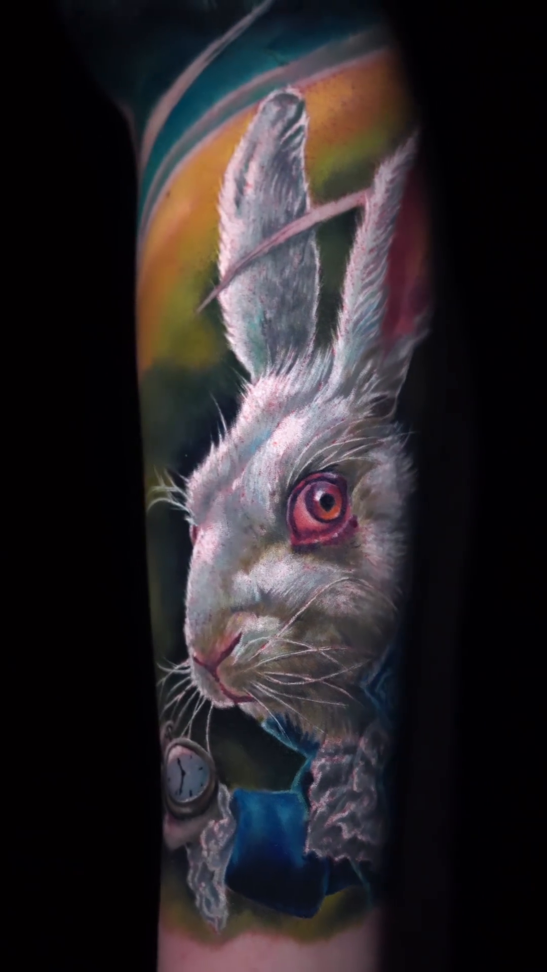 White Rabbit from Alice in Wonderland realism tattoo by Guillermo Columbie, Houston, Texas