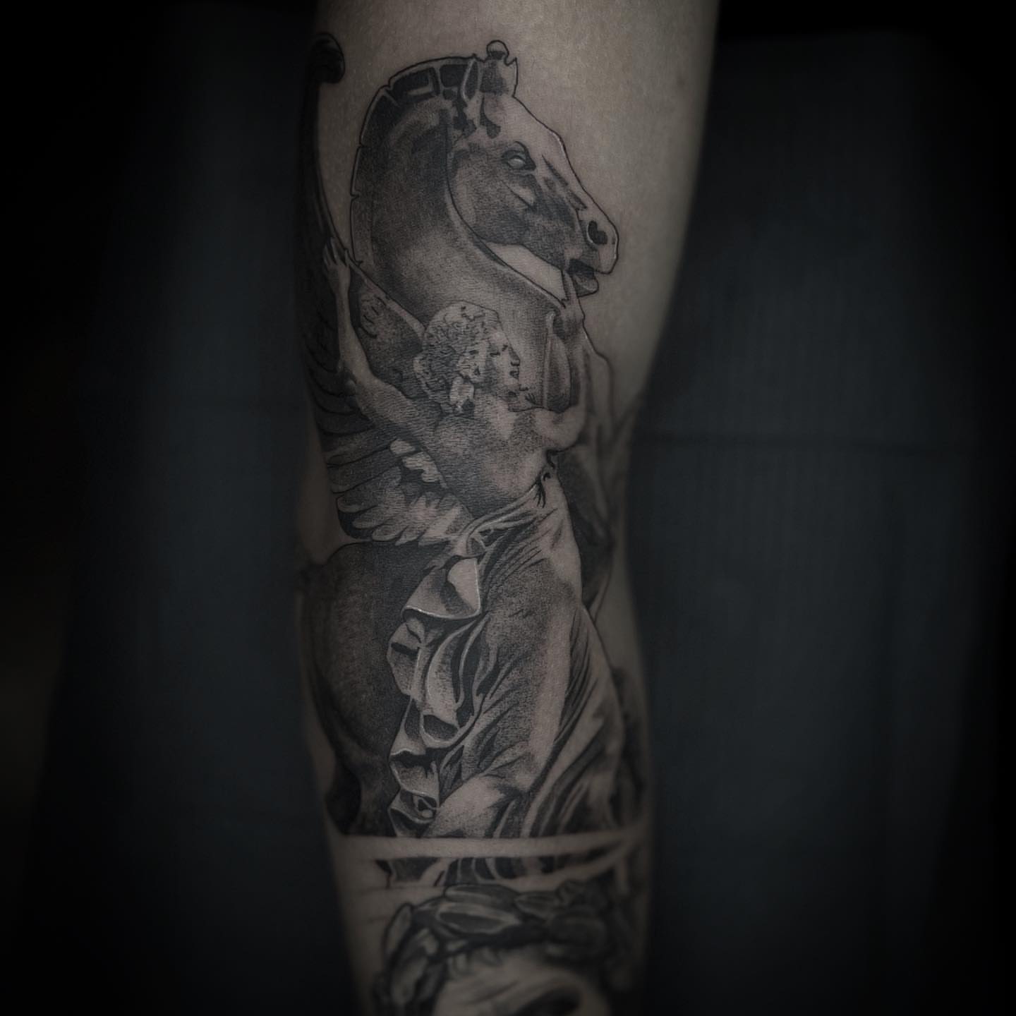 Winged horse and rider realism tattoo on the forearm by 𝐓𝐚𝐭𝐭𝐨𝐨 👩🏻‍🎨